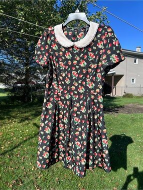 2010s Forever 21 Black Floral Dress with White Peter Pan Collar